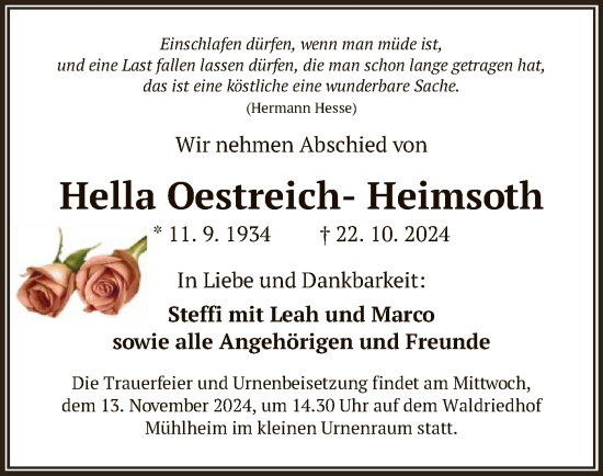 Traueranzeige von Hella Oestreich-Heimsoth von OF