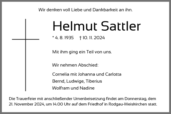 Traueranzeige von Helmut Sattler von OF