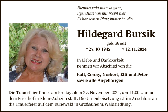 Traueranzeige von Hildegard Bursik von OF