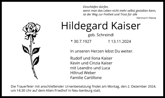 Traueranzeige von Hildegard Kaiser von OF