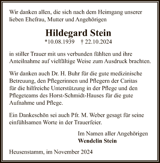 Traueranzeige von Hildegard Stein von OF