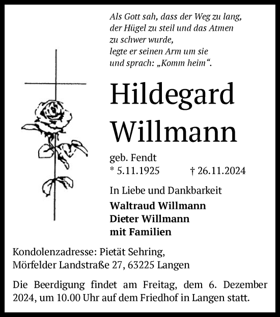 Traueranzeige von Hildegard Willmann von OF