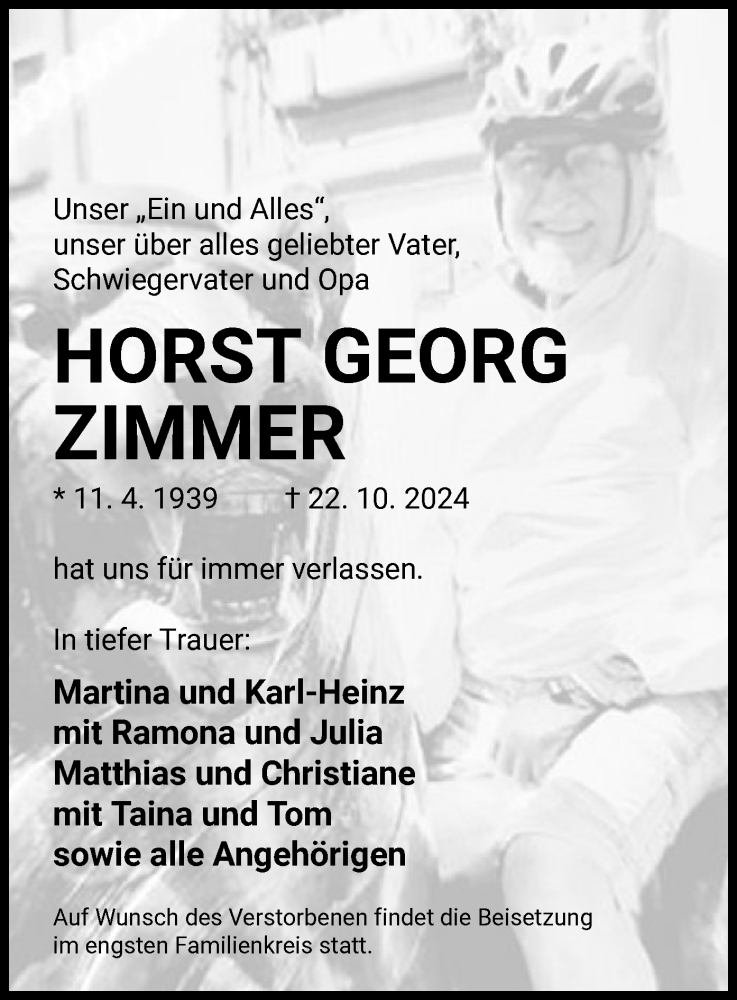  Traueranzeige für Horst Georg Zimmer vom 02.11.2024 aus OF