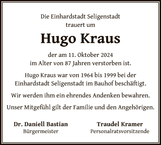 Traueranzeige von Hugo Kraus von OF