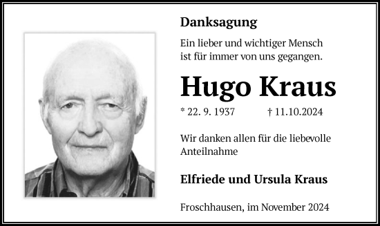 Traueranzeige von Hugo Kraus von OF