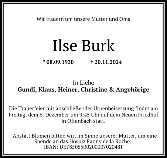 Traueranzeige von Ilse Burk von OF