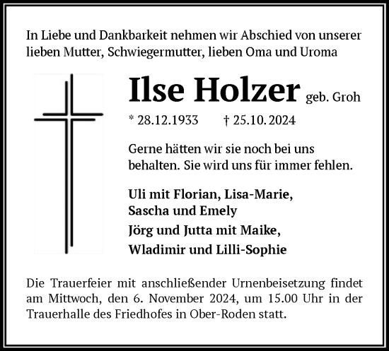 Traueranzeige von Ilse Holzer von OF