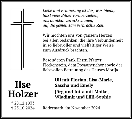 Traueranzeige von Ilse Holzer von OF