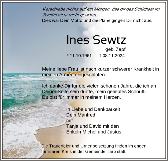 Traueranzeige von Ines Sewtz von OF