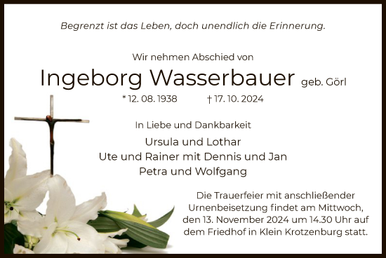 Traueranzeige von Ingeborg Wasserbauer von OF