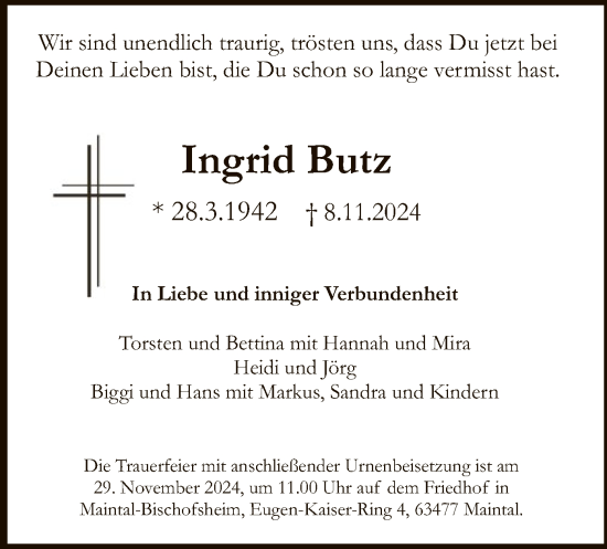 Traueranzeige von Ingrid Butz von OF