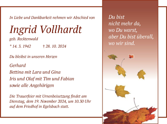 Traueranzeige von Ingrid Vollhardt von OF