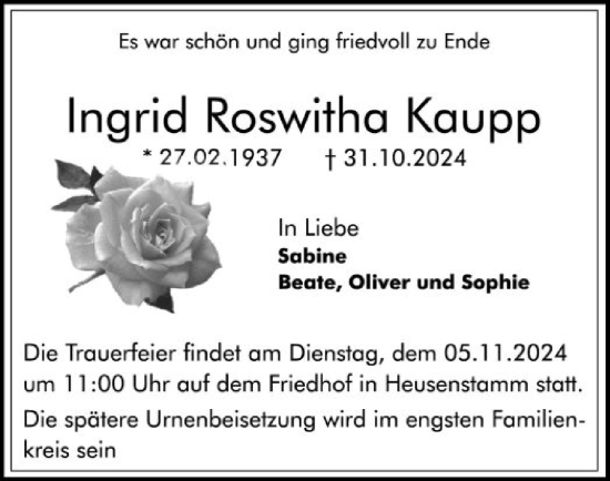 Traueranzeige von Ingrid Roswitha Kaupp von OF