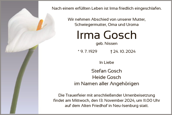 Traueranzeige von Irma Gosch von OF