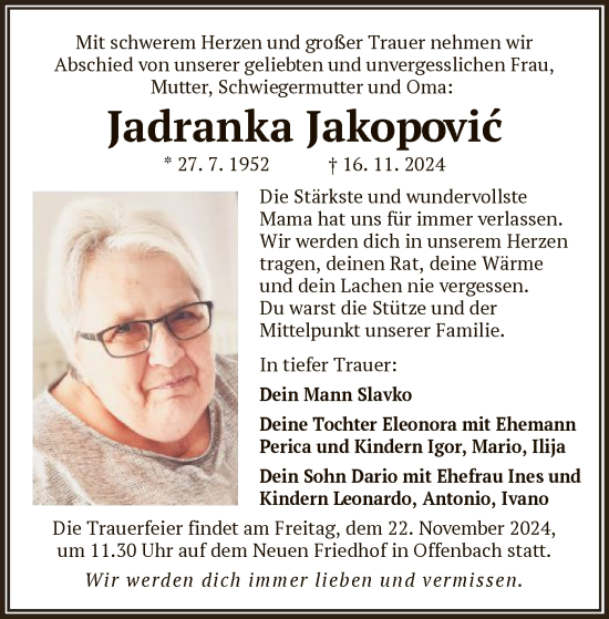 Traueranzeige von Jadranka Jakopovic von OF