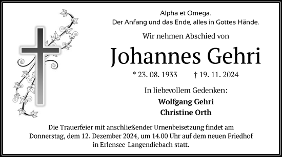 Traueranzeige von Johannes Gehri von OF