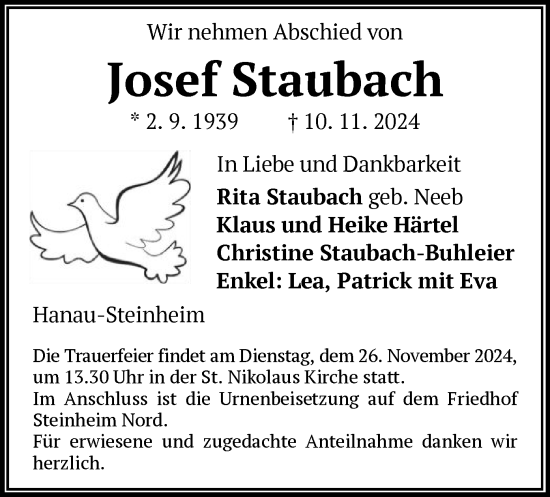 Traueranzeige von Josef Staubach von OF