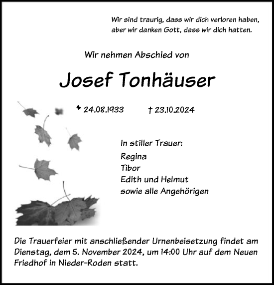 Traueranzeige von Josef Tonhäuser von OF