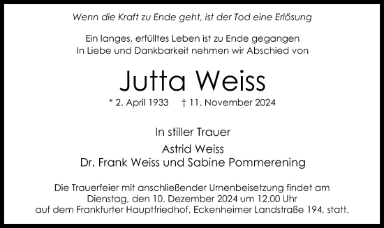 Traueranzeige von Jutta Weiss von OF