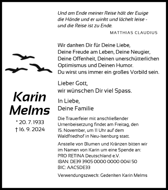 Traueranzeige von Karin Melms von OF