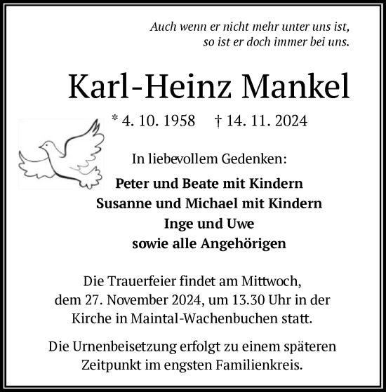 Traueranzeige von Karl-Heinz Mankel von OF