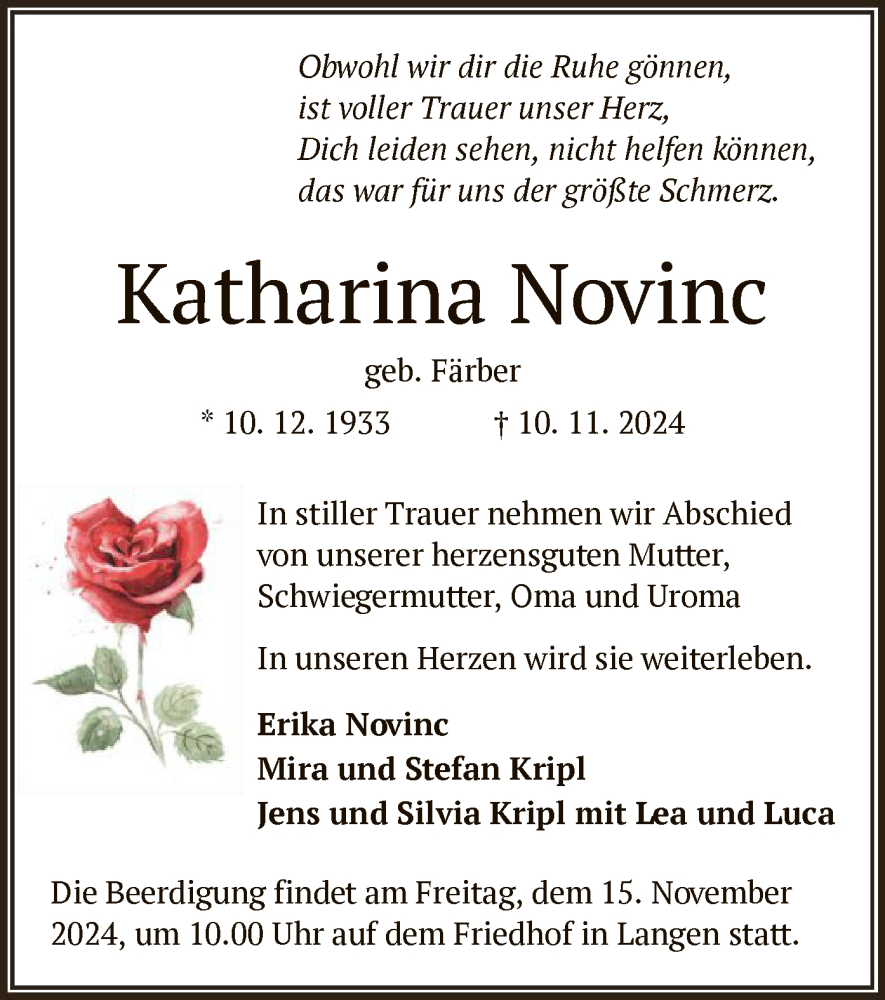  Traueranzeige für Katharina Novinc vom 14.11.2024 aus OF