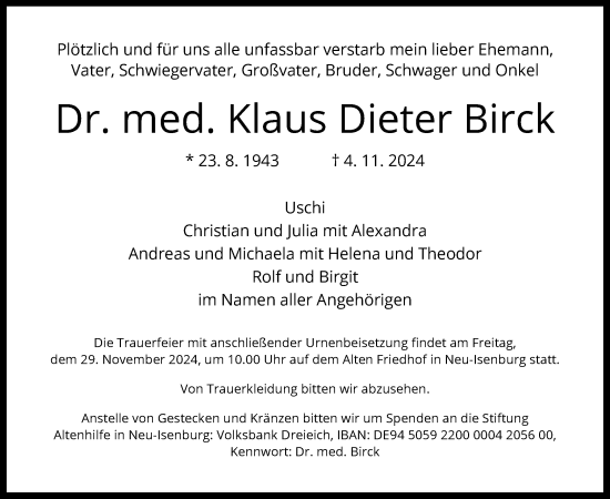 Traueranzeige von Klaus Dieter Birck von OF