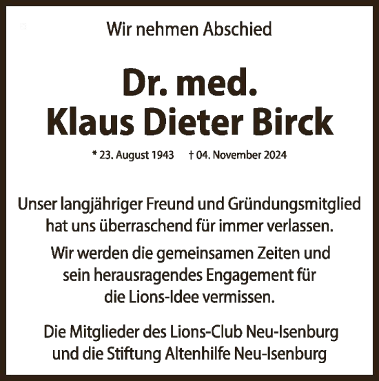 Traueranzeige von Klaus Dieter Birck von OFOF