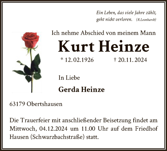 Traueranzeige von Kurt Heinze von OF