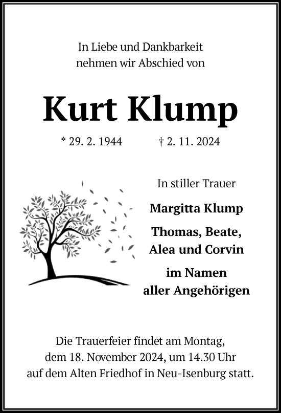 Traueranzeige von Kurt Klump von OF