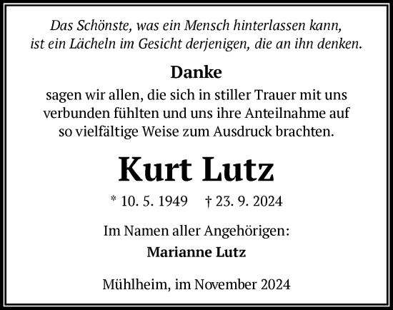 Traueranzeige von Kurt Lutz von OF