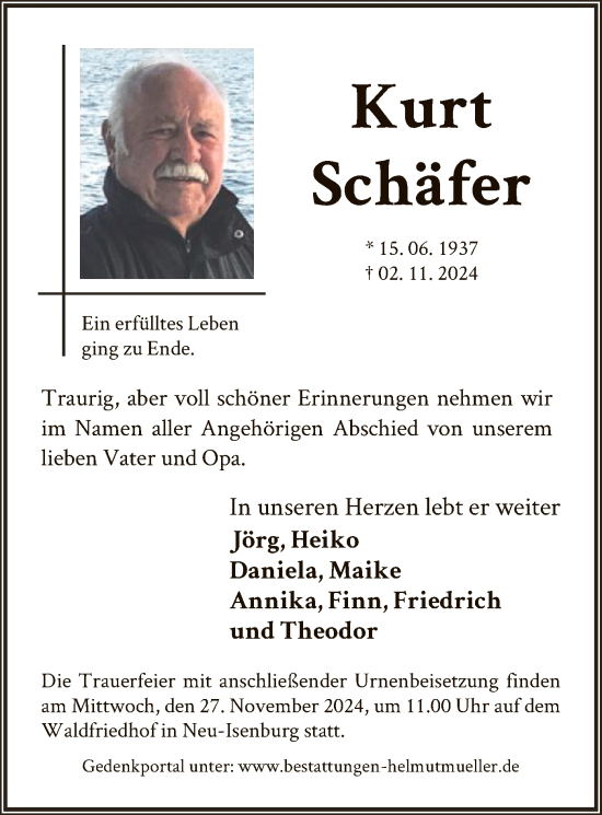 Traueranzeige von Kurt Schäfer von OF