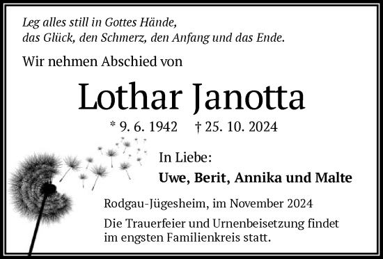 Traueranzeige von Lothar Janotta von OF