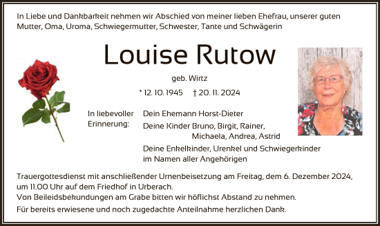 Traueranzeige von Louise Rutow von OF