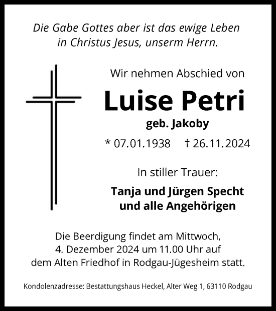 Traueranzeige von Luise Petri von OF