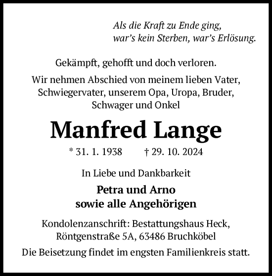 Traueranzeige von Manfred Lange von OF