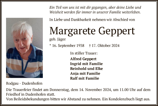 Traueranzeige von Margarete Geppert von OF