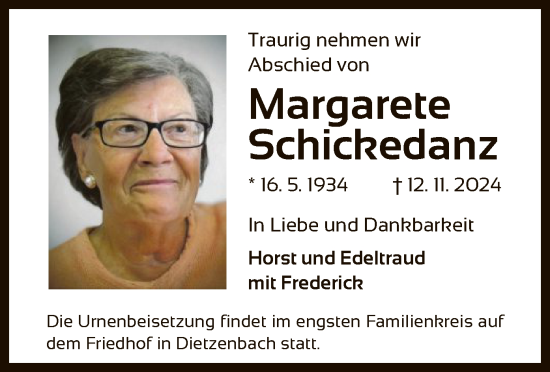 Traueranzeige von Margarete Schickedanz von OF