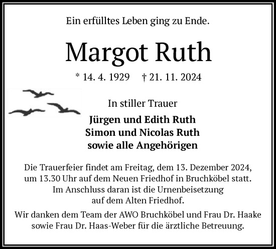 Traueranzeige von Margot Ruth von OF