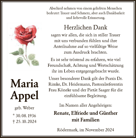 Traueranzeige von Maria Appel von OF