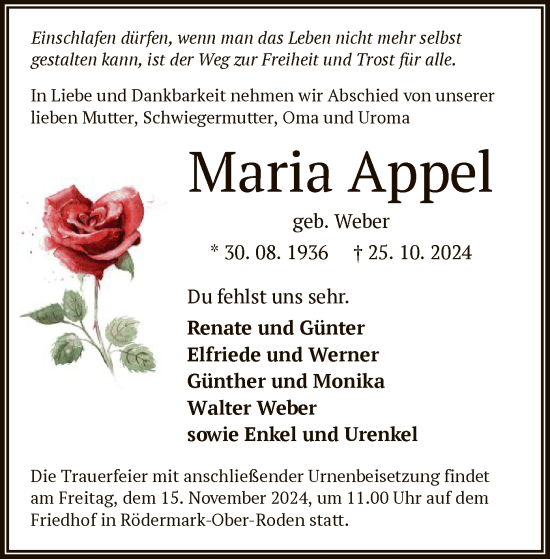 Traueranzeige von Maria Appel von OF