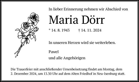 Traueranzeige von Maria Dörr von OF