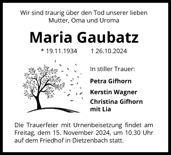 Traueranzeige von Maria Gaubatz von OF