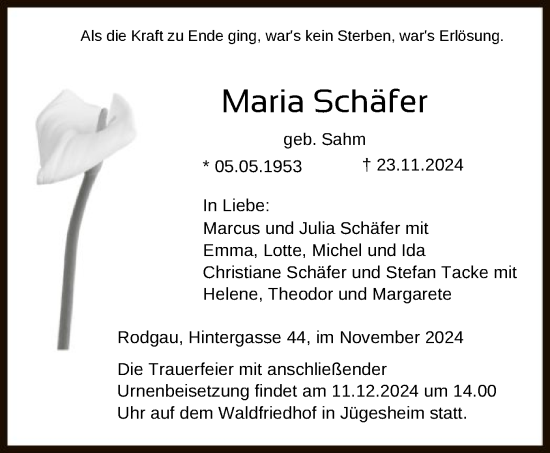 Traueranzeige von Maria Schäfer von OF