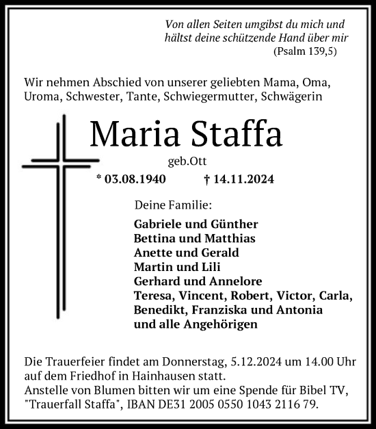 Traueranzeige von Maria Staffa von OF