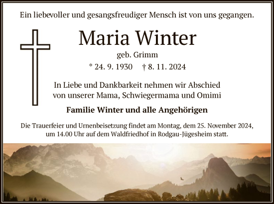 Traueranzeige von Maria Winter von OF