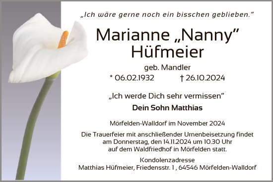 Traueranzeige von Marianne Hüfmeier von OF