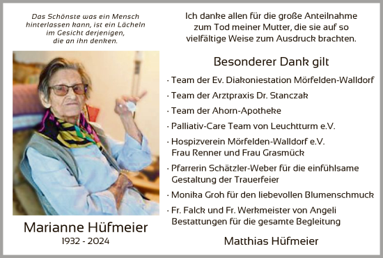 Traueranzeige von Marianne Hüfmeier von OF