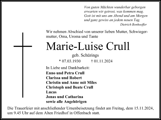 Traueranzeige von Marie-Luise Crull von OF