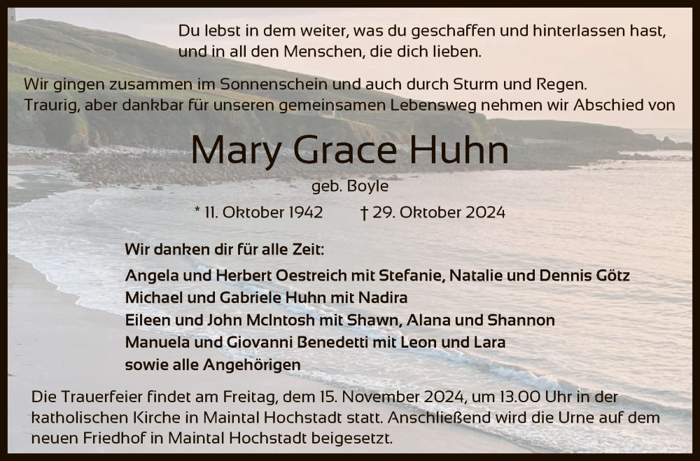  Traueranzeige für Mary Grace Huhn vom 09.11.2024 aus OF